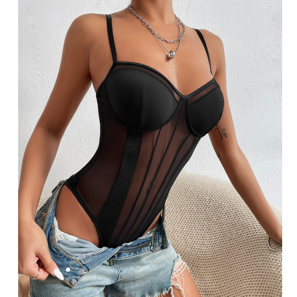 Sheer black bodycon bodysuit